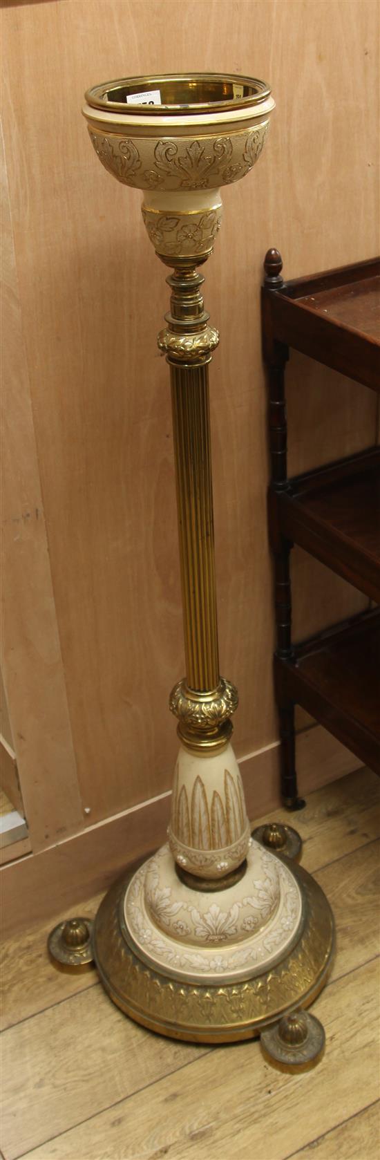 A late Victorian ornate brass and ceramic lamp standard H.130cm